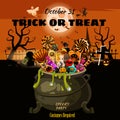 Hello Halloween Cauldron full of Candies and sweets. Autumn october holiday dark cemetery tradition celebration banner Royalty Free Stock Photo