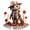 Hello Halloween. Cute funny garden scarecrow. AI generated Royalty Free Stock Photo