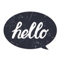 Hello hand draw lettering calligraphy on black bubble with grunge texture for print, card, poster, shirt.