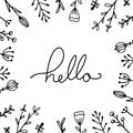 Hello handwritten Lettering with doodle flowers. Square greeting card with rustic drawing. Welcome. Vector element