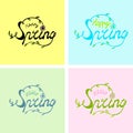 Hello Happy Spring phrase set hand drawn vector illustration sketched logotype icon. Lettering spring season with green