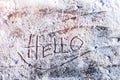 HELLO inscription on ice and snow
