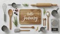 Hello January Baking Flat Lay with Kitchen Utensils and Ingredients Royalty Free Stock Photo