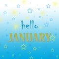 Hello January on a blue gradient background with stars