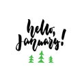 Hello, January - hand drawn lettering quote with Christmas Tree isolated on the white background. Fun brush ink Royalty Free Stock Photo