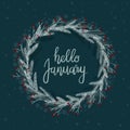 Hello January Hand Lettering Greeting Card. Modern Calligraphy. Winter Wreath.