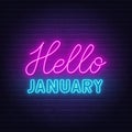 Hello January neon lettering on brick wall background.