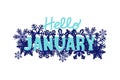 Hello January winter font with white snow on top and snowflakes around on night dark blue background for Christmas and New year Royalty Free Stock Photo