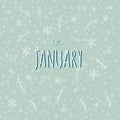 Hello january winter vector card. Hand-lettering on blue background. Branches and snowflakes. January card. Vector illustration Royalty Free Stock Photo