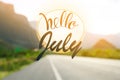 Hello July. Blurred view of mountains and empty asphalt highway outdoors Royalty Free Stock Photo