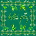 hello july banner in a frame of yellow flowers on a green background