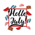 Hello, July - hand drawn summer lettering quote isolated on the white background with watermelon, umbrella and suitcase Royalty Free Stock Photo