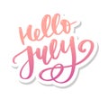 Hello july lettering print. Summer minimalistic illustration. Isolated calligraphy on white background Royalty Free Stock Photo