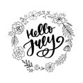 Hello july lettering print. Summer minimalistic illustration. Isolated calligraphy on white background Royalty Free Stock Photo