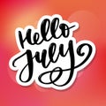 Hello july lettering print. Summer minimalistic illustration. Isolated calligraphy on white background Royalty Free Stock Photo