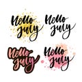 Hello july lettering print. Summer minimalistic illustration. Isolated calligraphy on white background. Orange rays behind text Royalty Free Stock Photo