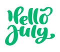 Hello july lettering print vector text. Summer minimalistic illustration. Isolated calligraphy phrase on white Royalty Free Stock Photo