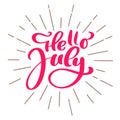 Hello july lettering print vector text. Summer minimalistic illustration. Isolated calligraphy phrase on white Royalty Free Stock Photo