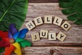 Hello July message alphabet letter on wooden background