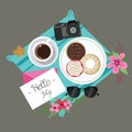 Hello July welcome spring summer session donuts coffee flower camera and glasses Royalty Free Stock Photo