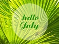 Hello July welcoming card with text on natural green tropical palm tree leaves background.