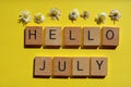 Hello July, greeting as banner headline