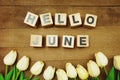 Hello June alphabet letters on wooden background