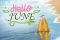 Hello June. Bottles of cool beer in sea water on sunny day Royalty Free Stock Photo