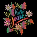 Hello June hand lettering with floral ornament, greeting card.