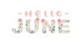 Hello June handwritten calligraphy lettering text. Summer month vector with flowers and leaves. Decoration floral