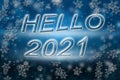 Hello 2021 lettering on an abstract Christmas background