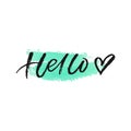 Hello lettering with heart on turquoise watercolor stain. Vector illustration