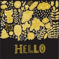 Hello lettering illustration card, cure childish design: flower doodles, cat and owl. Royalty Free Stock Photo