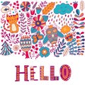 Hello lettering illustration card, cure childish design: flower doodles, cat and owl Royalty Free Stock Photo