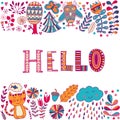 Hello lettering illustration card, cure childish design: flower doodles, cat and owl Royalty Free Stock Photo