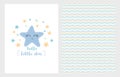 Hello Little Star Vector Illustration Set. Hand Drawn Design. Smiling Blue Star. Baby Shower.