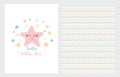 Hello Little Star Vector Illustration Set. Hand Drawn Design. Smiling Pink Star. Baby Shower.