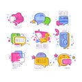 Hello logo templates set, bright badges, Hello quote message bubble vector Illustrations on a white background Royalty Free Stock Photo