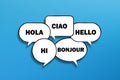 Hello in many different languages with speech bubbles Royalty Free Stock Photo