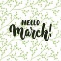 Hello,March - hand drawn lettering phrase for first month of spring isolated on the white background with green floral brunches. F Royalty Free Stock Photo