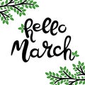 Hello March. Hand drawn lettering phrase isolated on the white background. Royalty Free Stock Photo