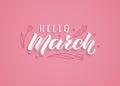 Hello March hand drawn lettering with shadow. Inspirational spring quote.