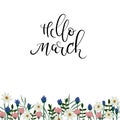 Hello March hand lettering inscription. Spring greeting card. Floral frame. Royalty Free Stock Photo