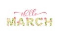 Hello March handwritten calligraphy lettering text. Spring month vector with flowers and leaves. Decoration floral. Illustration Royalty Free Stock Photo