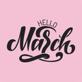 Hello March lettering on watercolor background. Vector illustration