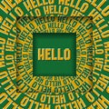 Hello message in square frames with a moving circular yellow green words. Optical illusion concept