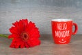 Hello monday, motivational card with red coffee cup