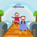 Hello Monsoon Background with Cheerful Kids Character Enjoying Rainy Season on Bridge