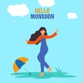 Hello Monsoon Font With Faceless Young Girl Enjoying Rainy Season And Umbrella On Turquoise