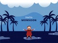 Hello Monsoon Poster Design with Character of Cheerful Girl Enjoying Rainfall in Raincoat and Coconut Trees on Blue